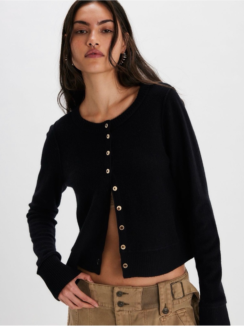 Free People Black Cropped Cardigan | Boho Button Front Knit Sweater | XS